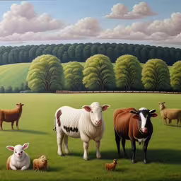 a painting of several sheep in a field,a painting of a cow, sheep and two dogs in a pasture