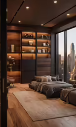 a large room with windows, couches and floor to ceiling shelving