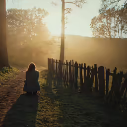a person is sitting by the fence as the sun sets
