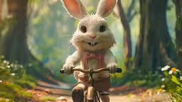 the rabbit is riding on the bicycle in the woods,a rabbit sitting on top of a bike in the forest