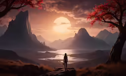 a person looks out over the landscape at sunset