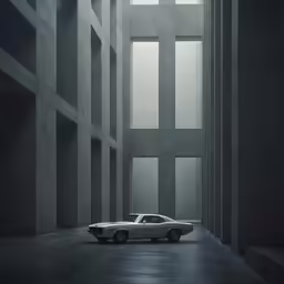 a car is parked in a large room with two columns