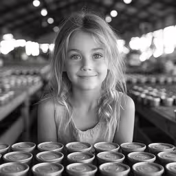 a young girl sits at a table full of glass cups,a young girl holding many jars in a market