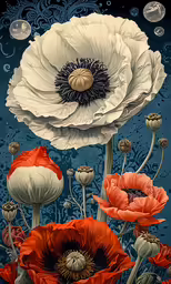 three flowers are in a painting with different colors and shapes
