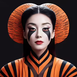 a woman is dressed up in an orange and black striped outfit with a matching hat