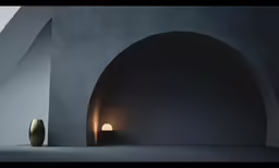 a gray and black room has two large circular lights
