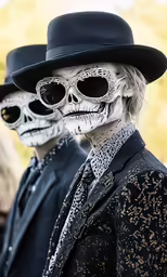 two people in white skeletons and black hats