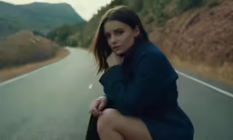 a beautiful young woman is sitting on the edge of a road