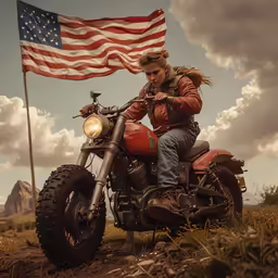 woman on motorcycle next to american flag