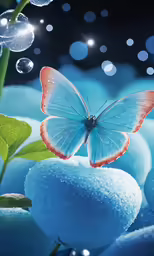 the large butterfly is flying past soap balls
