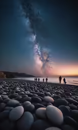 people standing on a beach next to the ocean under a night sky
