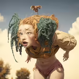 a young girl is suspended down by a plastic doll