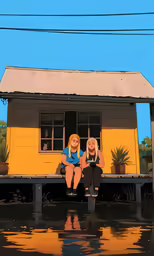 a painting of two women sitting on a bench in front of a water house