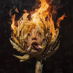 the young girl is wearing a yellow feather hat and the flames are flying over her head