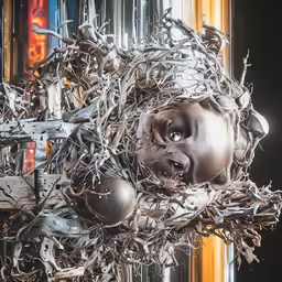 a statue with faces, eyes, nails and branches in it