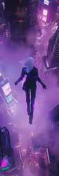 an image of someone jumping off a building into the air,the man is floating through the air above some city buildings