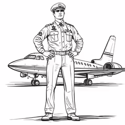 coloring page with an air force officer standing in front of a plane