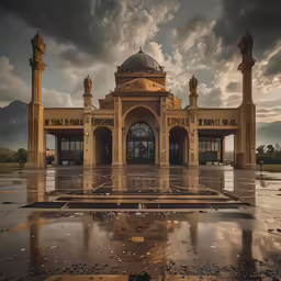 a large building is on a wet floor