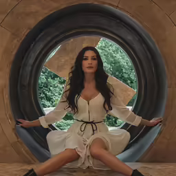 a woman in a white dress is sitting down