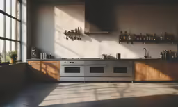 a stove top oven in a kitchen next to a window