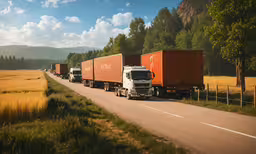 a truck drives along a roadway lined with trees,a couple of trucks are parked on the road