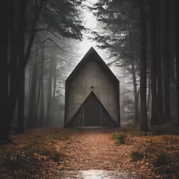 a grey building surrounded by trees on a forest trail