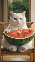 white cat sitting on chair with slice of watermelon on top of