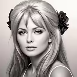 black and white portrait of blonde girl with flower in her hair