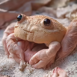a small frog with black eyes on its face