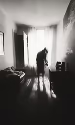 man standing in the sun on top of a wooden floor
