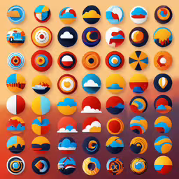 a collage of circle images that look like different kinds of clouds,circular artwork on an orange background