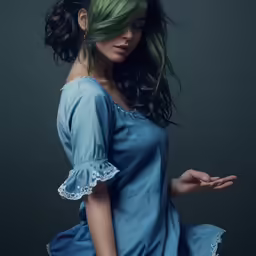 a woman with dark hair and green hair is wearing blue dress