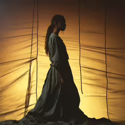 a woman stands in the dark as she glows,a woman standing in a black dress with stripes