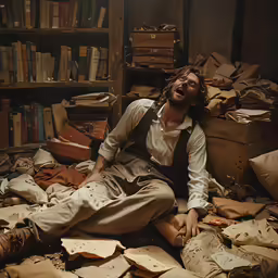 a man sits in front of several boxes, papers and books
