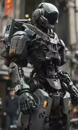 a robot is on the sidewalk holding a cell phone