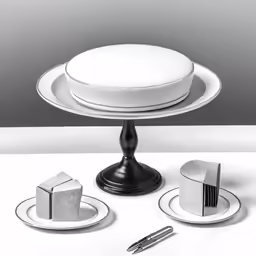 some different white plates and a cake on a stand