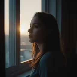 the girl is staring out of a window
