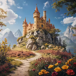 painting of an ornate castle on top of a mountain