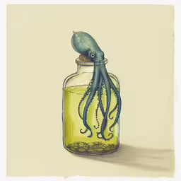 an ink drawing of a green liquid with a large squid in it