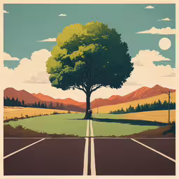 a stylized painting shows a tree and its landscape,a poster of a road and tree in the background