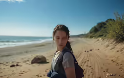 a girl on the beach looking at something on her bag