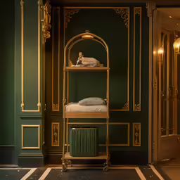 a gold trolley is sitting in a room