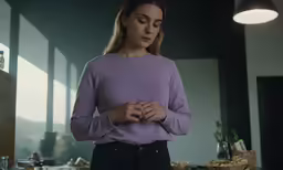 a young woman stands in the kitchen in a purple sweater