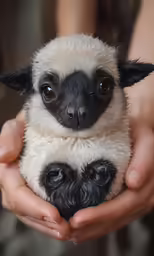 a little dog with big blue eyes in the palm of his owners hands