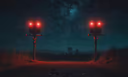 two stop lights on poles are glowing red