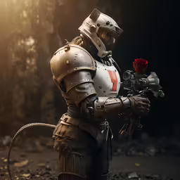 a man in armor with roses is holding something