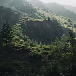 some mountains with trees and green grass