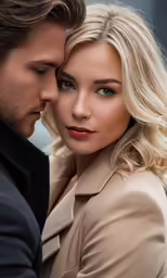 a beautiful blonde couple cuddle together as they stand