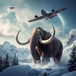 an elephant in the snow near a jet