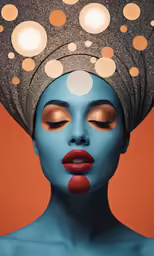a woman with blue painted makeup and a dotted turban on her head